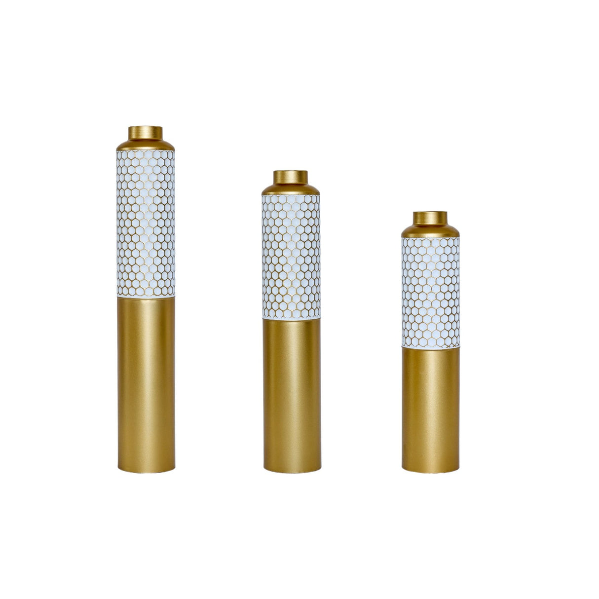 Modern Droplet Shaped Floor Vase Set Honeycomb Design, 3 Piece Metal Decorative Vases For Home Interior Display - Gold / White