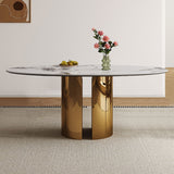 Oval Dining Table With Stainless Steel Base, Sturdy And Stable Design For Kitchen, Dining Room - Brown / White