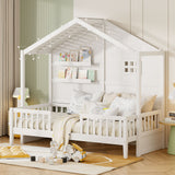 House Bed With Shelves, Window And Sparkling Light Strip On The Roof