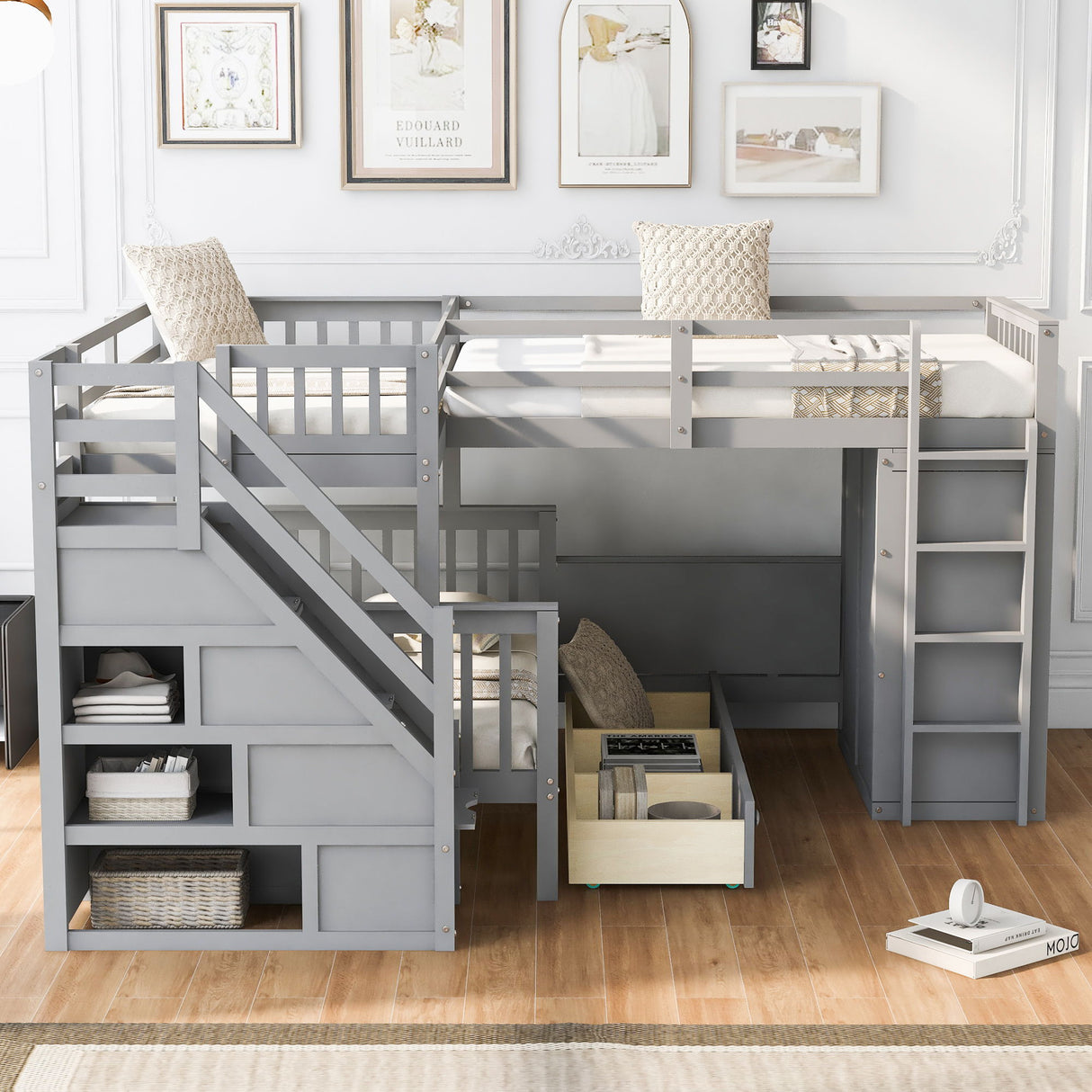 L Shaped Bunk Bed With 3 Drawers, Portable Desk And Wardrobe
