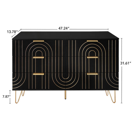 Modern 6 Drawer Dresser, Modern Dresser With Metal Handles, Storage Chest Of Drawer, Wide Dresser Drawer Organizers With Carving Design For Bedroom, Living Room, Hallway - Black