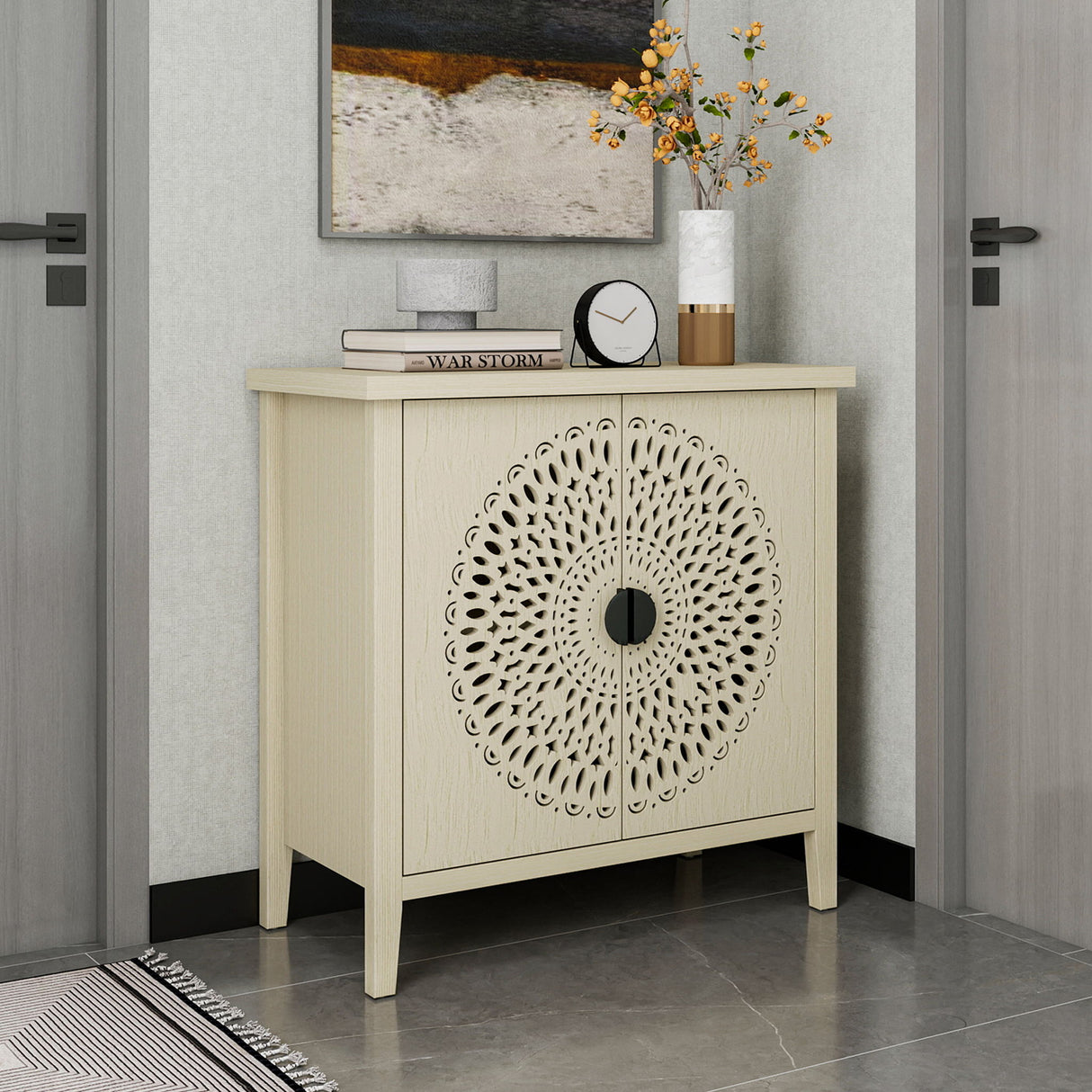 Hollow Carved 2 Door Accent Cabinet Sideboard Buffet Storage Cabinet With Adjustable Shelf For Entryway Living Room Bedroom - Natural