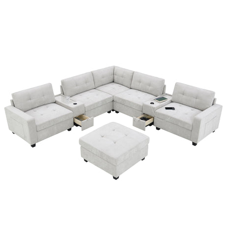 Sectional With Acrylic Table Top U Shaped Couch Set With 2 Consoles USB Charger, Storage Drawers And Pockets Movable Ottoman Tufted Sofa