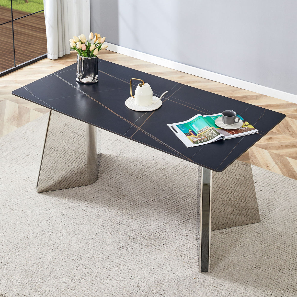 Modern Marble Patterned Dining Table With Stainless Steel Butterfly Legs