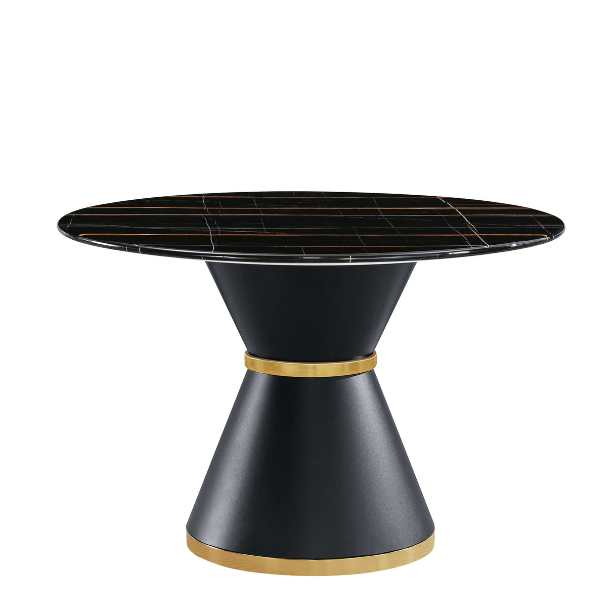 Marble Printed Round Dining Table - Black Columnar Base With Gold Annulus Not Including Chairs - Black