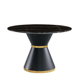 Marble Printed Round Dining Table - Black Columnar Base With Gold Annulus Not Including Chairs - Black