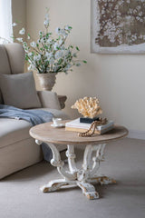 Round Wooden Coffee Table With Distressed Scrollwork Legs - Multicolor