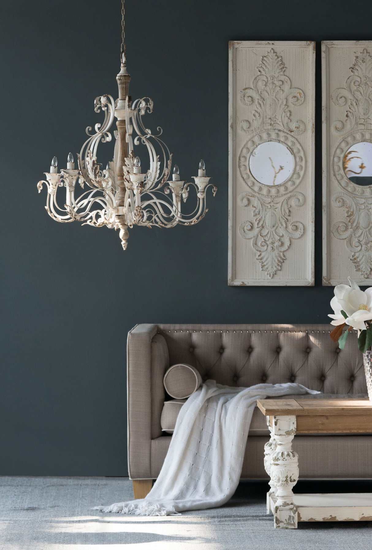 Large Wooden Wall Art Panels With Distressed Round Mirror Accents (Set of 2) - White