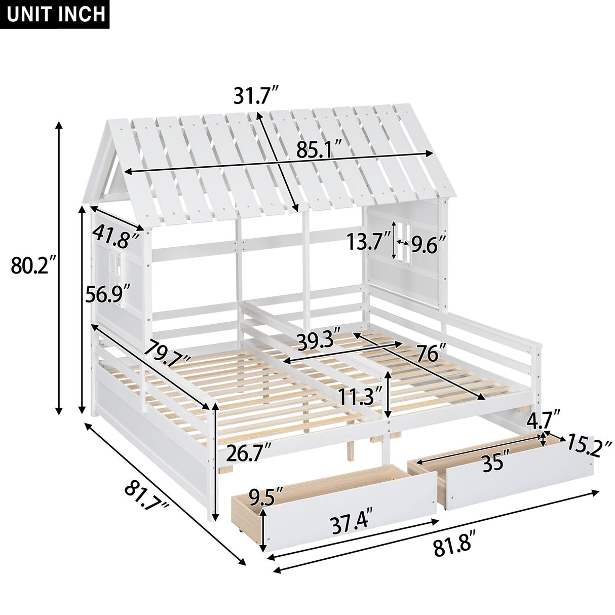 House Platform Beds With 2 Drawers, Side By Side Design