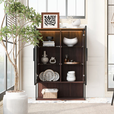 Modern Minimalist Tall Lighted Display Cabinet With Tempered Glass Door - Black / Dark Walnut