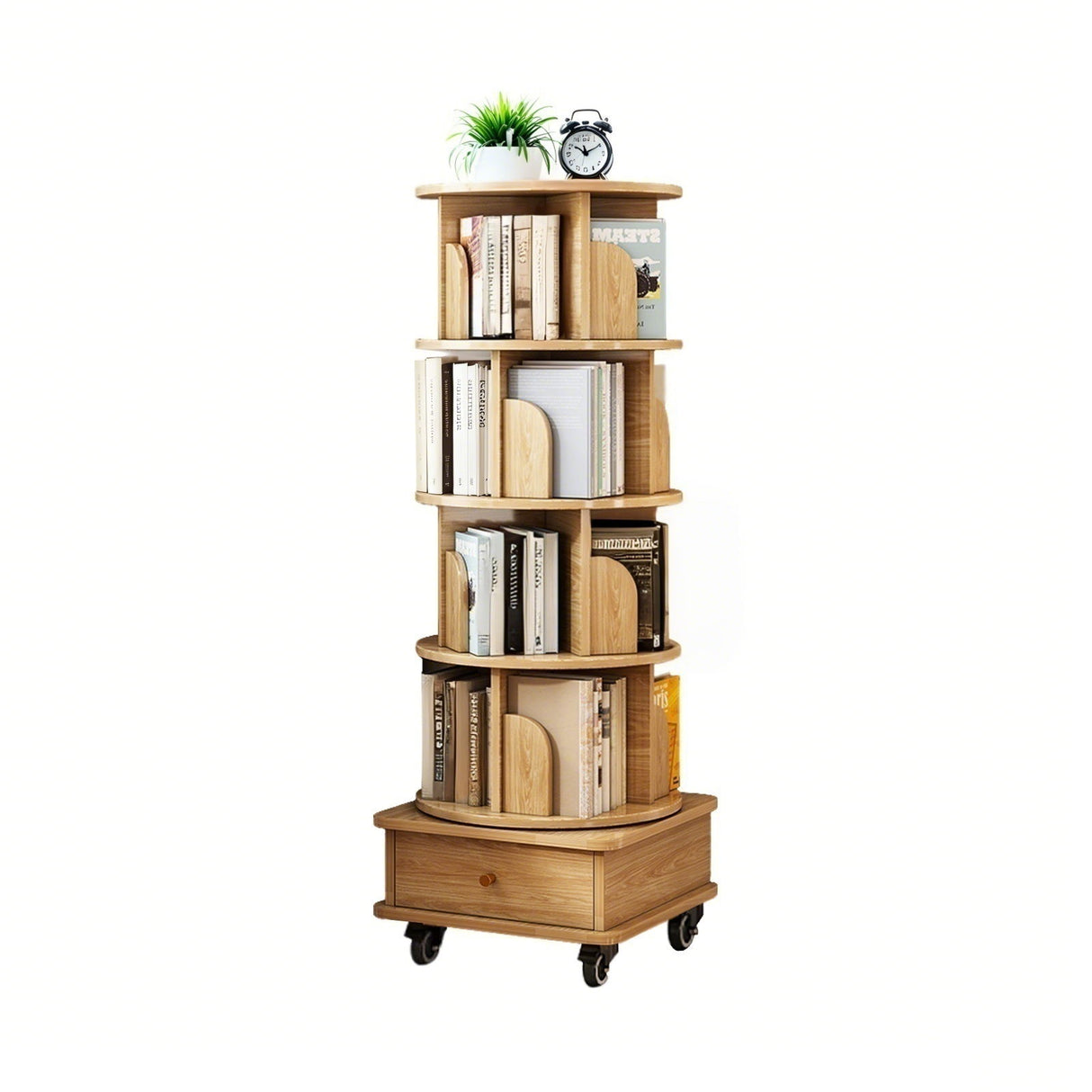 Rotating Bookshelf With Wheels And Drawer, 360° Spinning Design, Space Saving Storage