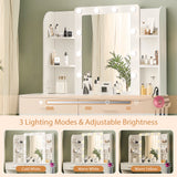 Vanity Desk Set With Mirror & Adjustable Lights Power Outlet And Hair Dryer Rack 2 Drawers And 6 Shelves Includes Cushioned Stool - White