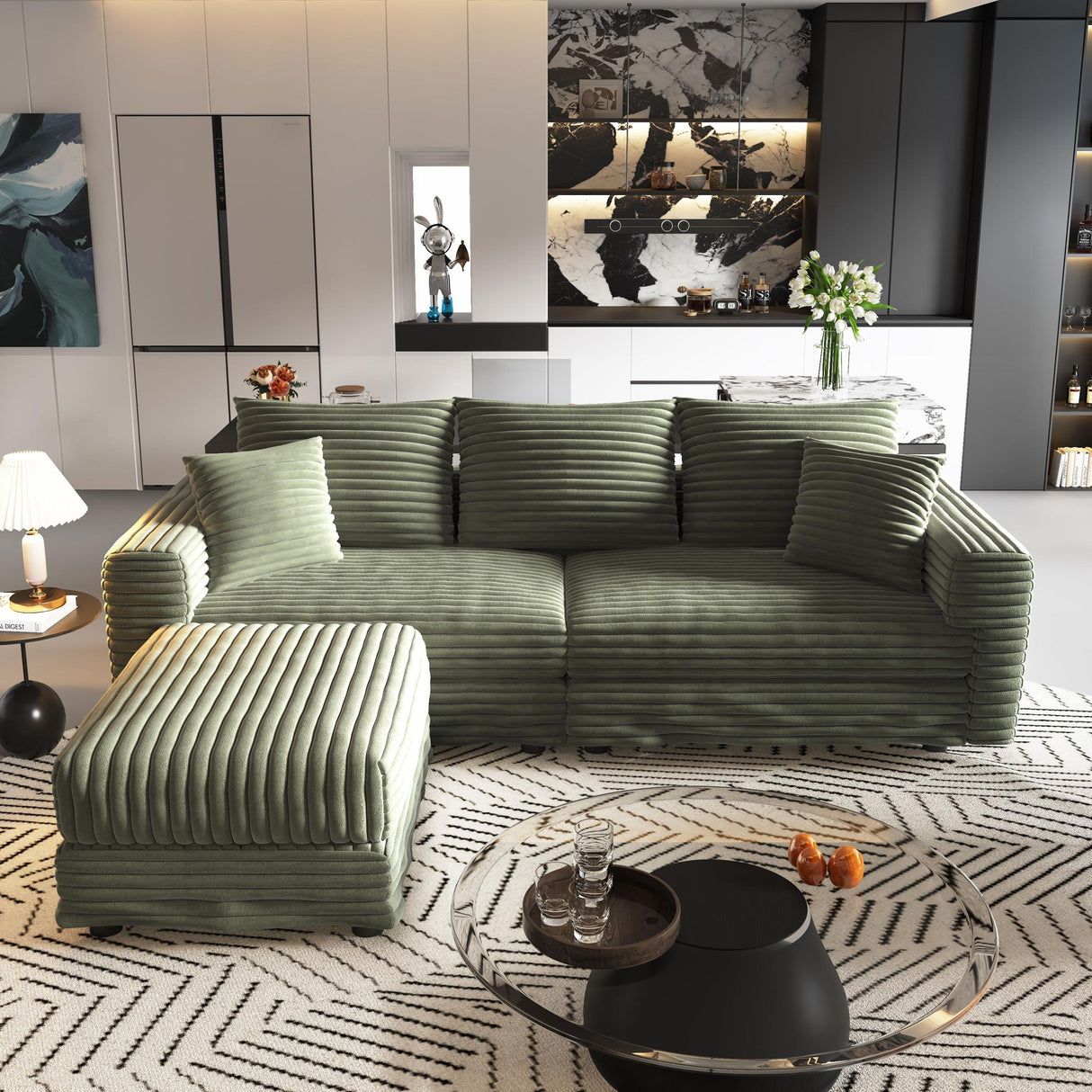 Deep Seat Convertible Sofa With Soft Pillows And Ottomans