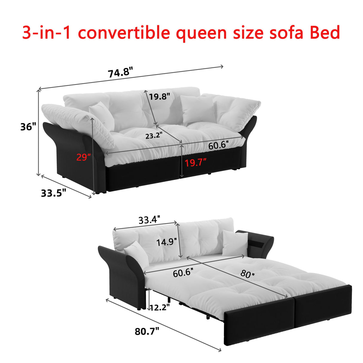 Queen Pull Out Sofa Bed, 3 In 1 Convertible Sleeper Tufted With 2 Soft Pillows