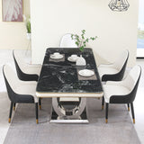 Luxury Modern Dining Table With 6 Chairs Marble Top Titanium Plated Base - Black