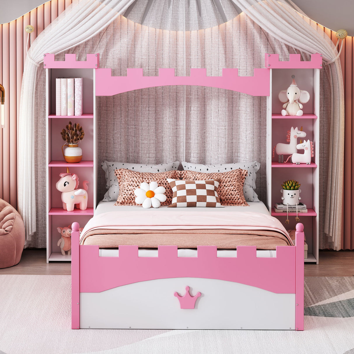 Castle Shaped Bed With Storage Shelf, Dreamy Platform Bed For Kids Bedroom