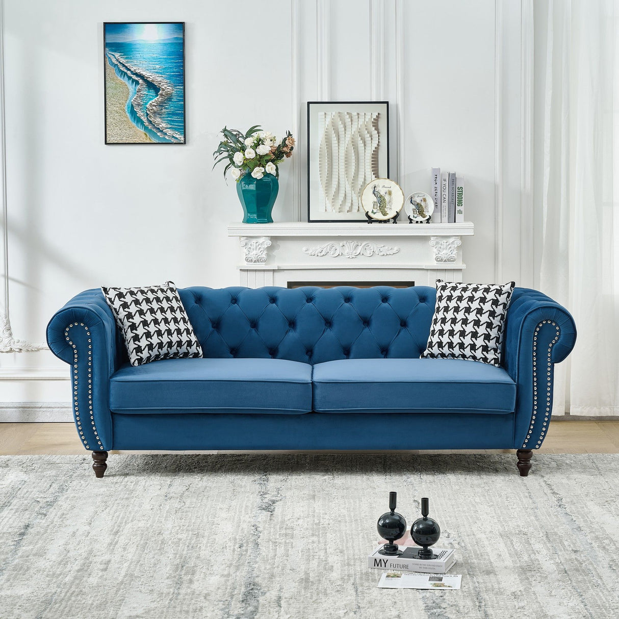 Mid Century Chesterfield Velvet Fabric Sofa With Roll Armrest & Nailhead, Blue, 87 Inches