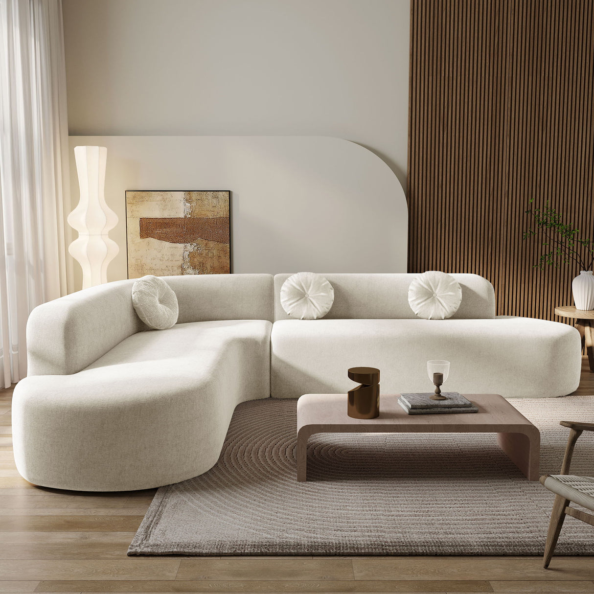 Extra Large Sectional Sofa Soft Fabric Upholstery, Elegant Curved Design With 3 Round Cushions, High - Resilience Foam For Ultimate Comfort - Beige