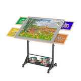 360 Degree Tilting Wooden Puzzle Table With 1500 Pieces, Rolling Design With Adjustable Height, Drawer, And Protective Cover - Black / Natural Wood