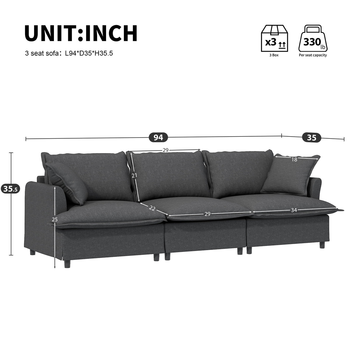 3 Seat Sofa Module For Modular Sectional Wide Seat Cloud Couch With Throw Pillows Upholstered