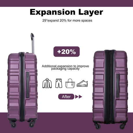 Expandable 3 Piece Luggage Sets Pc Lightweight & Durable Suitcase With Two Hooks, Spinner Wheels, Tsa Lock, (21/25/29) - Dark Purple