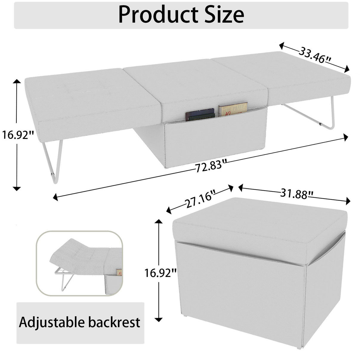 Modern Convertible Sofa Bed 4 In 1 Folding Ottoman Sleeper With Adjustable Backrest