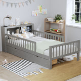 Bed With Headboard Storage Rack, 2 Under Bed Drawers, 3 Side Guardrails For Safety