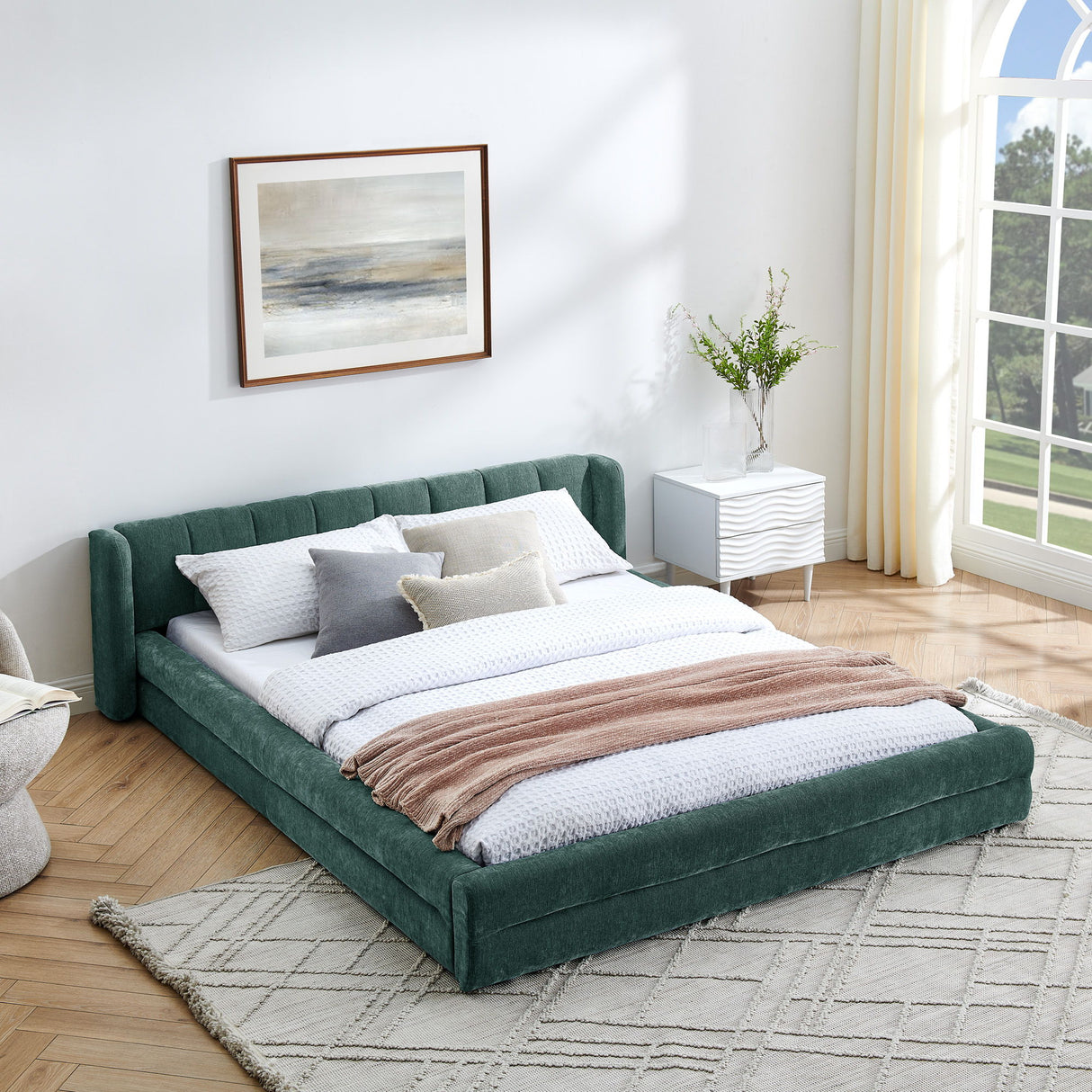 Modern Upholstered Bed Frame With Thick Chenille Fabric And Headboard