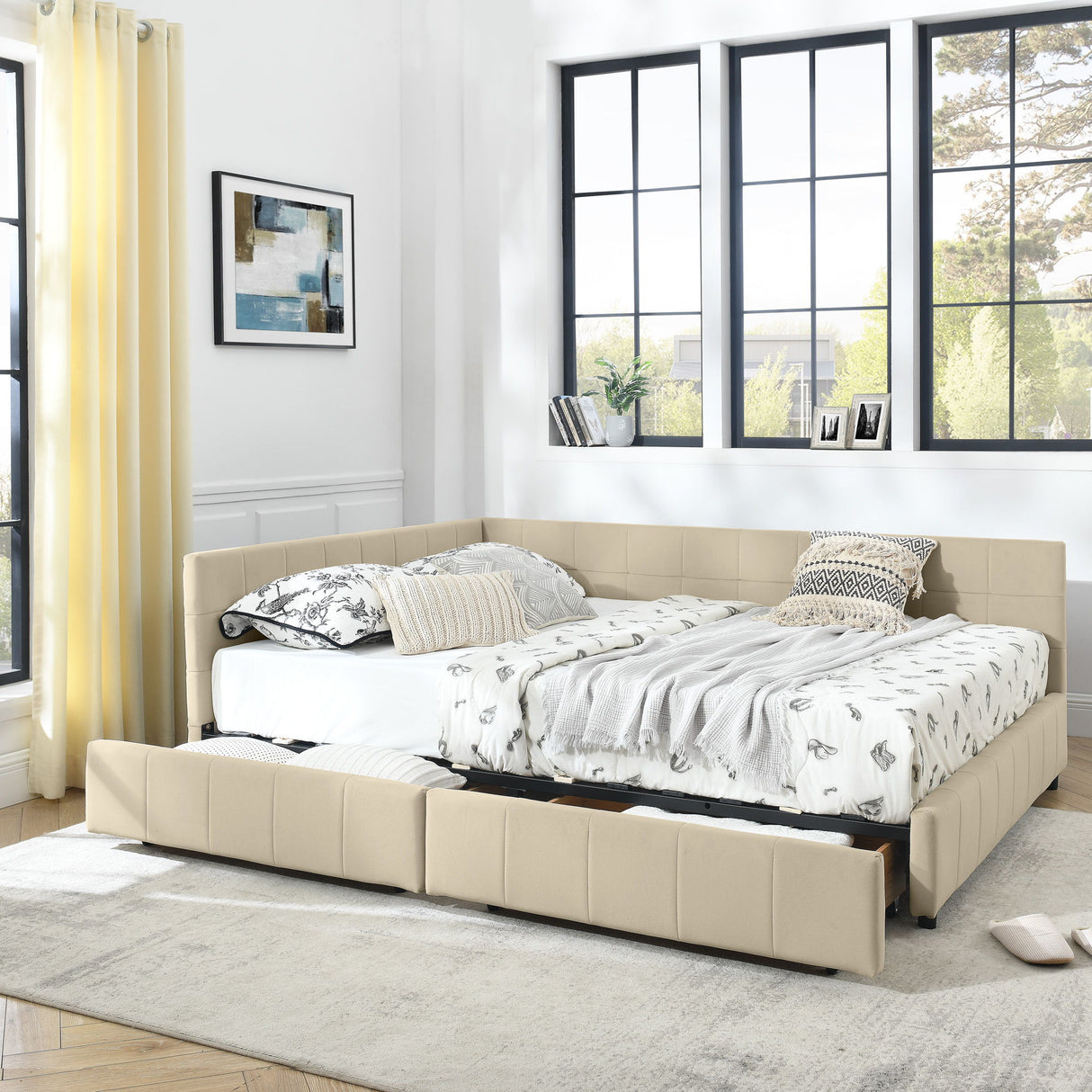 Mid-Century Storage Upholstered Tufted Bed Frame With Backrest And Armrests