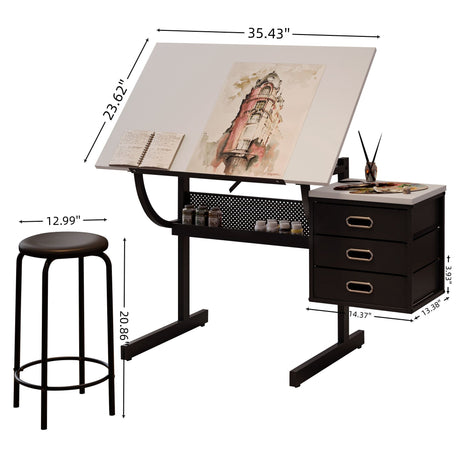 Adjustable Drafting Drawing Table With Stool And 3 Drawers - White / Black