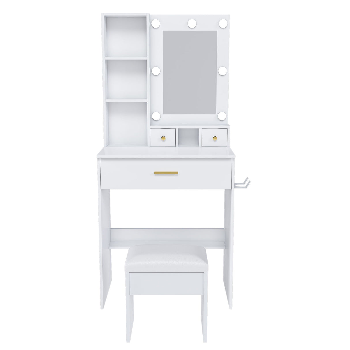 Vanity Table With Mirror, Adjustable LED Lights, Power Outlet, Hairdryer Holder & Stool