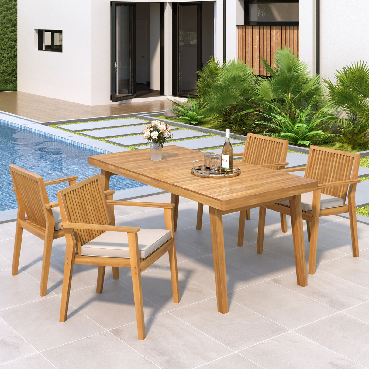 5 Piece Patio Furniture Set Acacia Wood Table And 4 Heavy Duty Cushioned Chairs