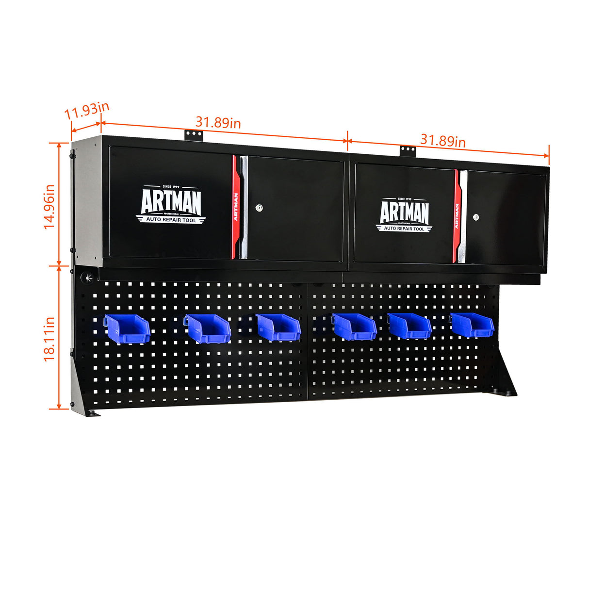 Wall Mounted Double Door Storage Cabinet With Tool Rack And Hooks, Stainless Steel - Black / Red