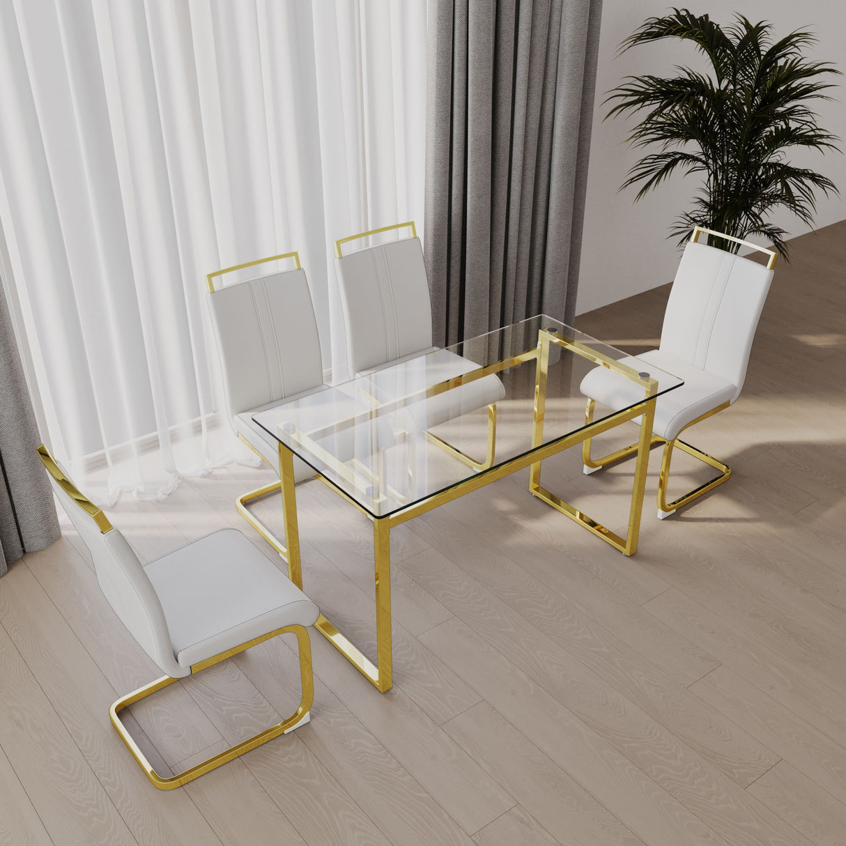 Modern Glass Dining Table Set For 4 With Golden Plating Legs And Chairs - Transparent