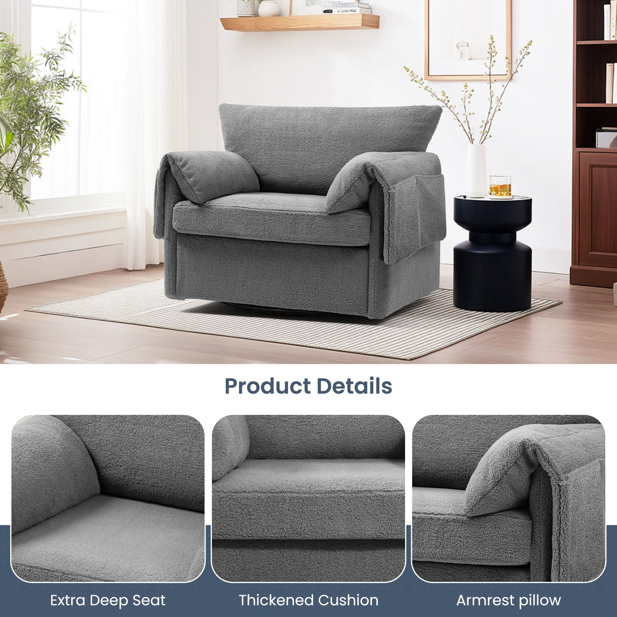 Oversized Swivel Armchair Modern Chair & Single Sofa Lounge, Comfortable Seating For Living Room