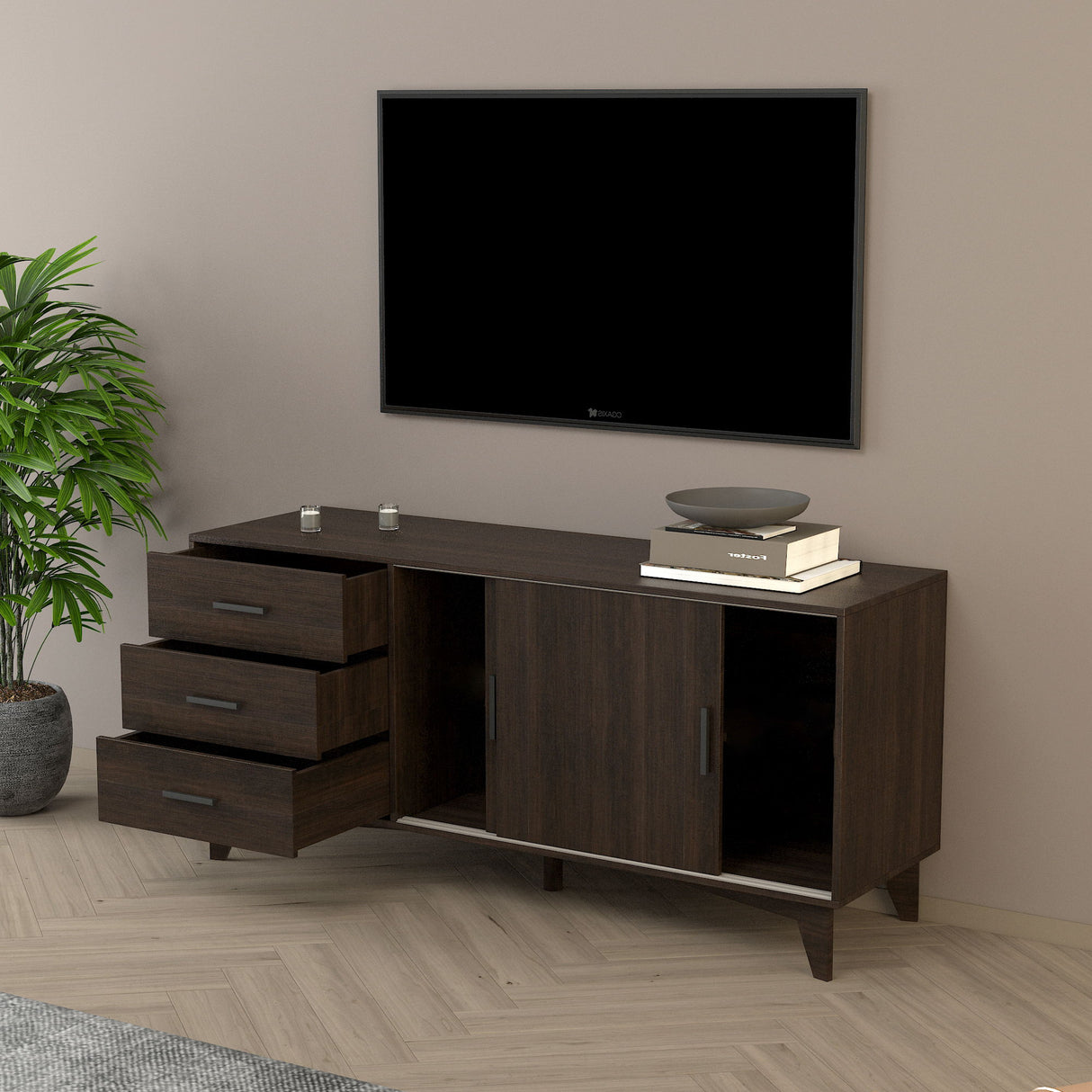 Parker - TV Stand With Sliding Doors And Drawers - Dark Brown