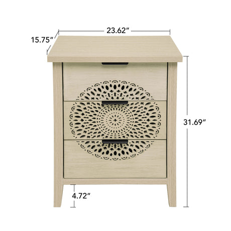 Hollow Carved 3 Drawer Cabinet Dresser Storage Chest With Metal Handles For Living Room Bedroom - Natural