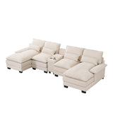U Shaped Sofa With Console, Cupholders, USB Ports, 6 Seat, Bronzing Suede & Chenille