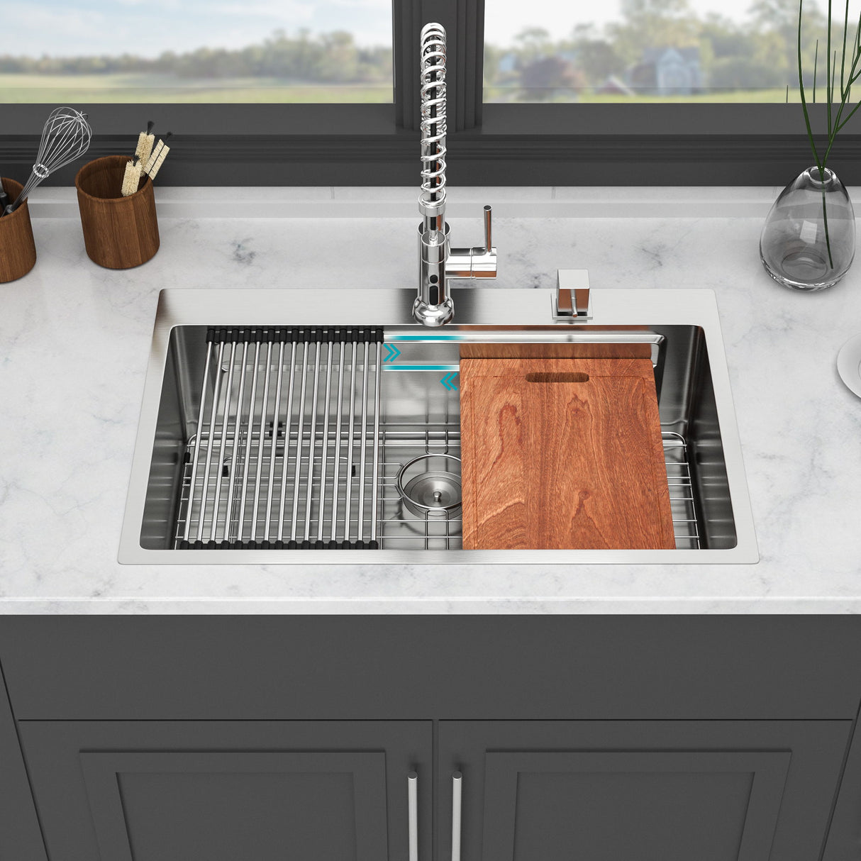 33" Drop In Kitchen Sink Single Bowl 16 Gauge Stainless Steel Ledge Workstation - Black