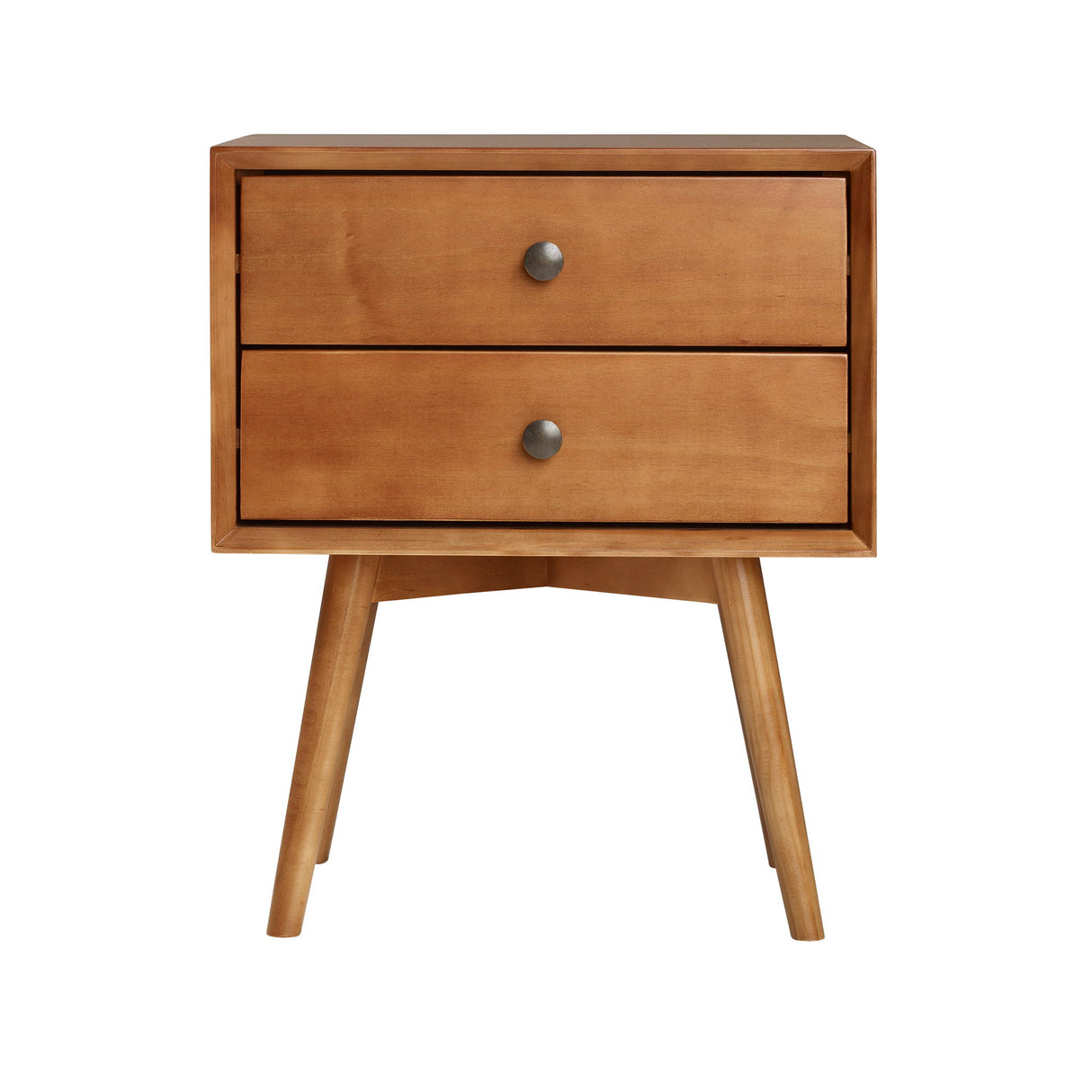 Mid Century Modern Double Drawer Nightstand - Caramel