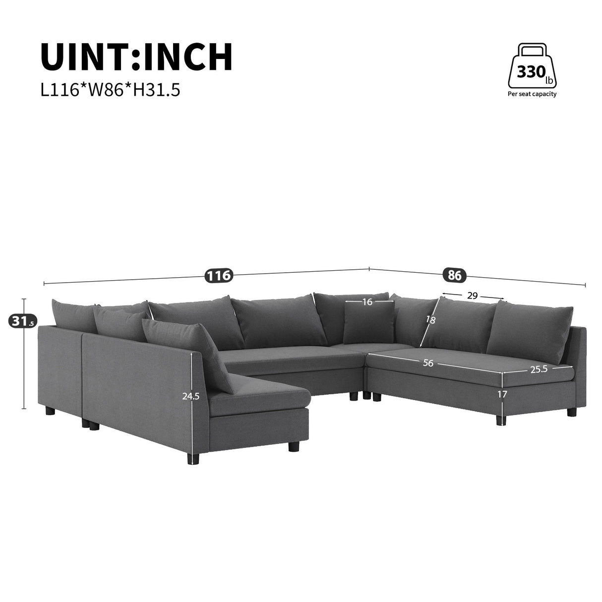 Modular Sectional Reversible U Shaped Couch Set, Free Combination Minimalist Style Oversized 8 Seat Convertible Sofa