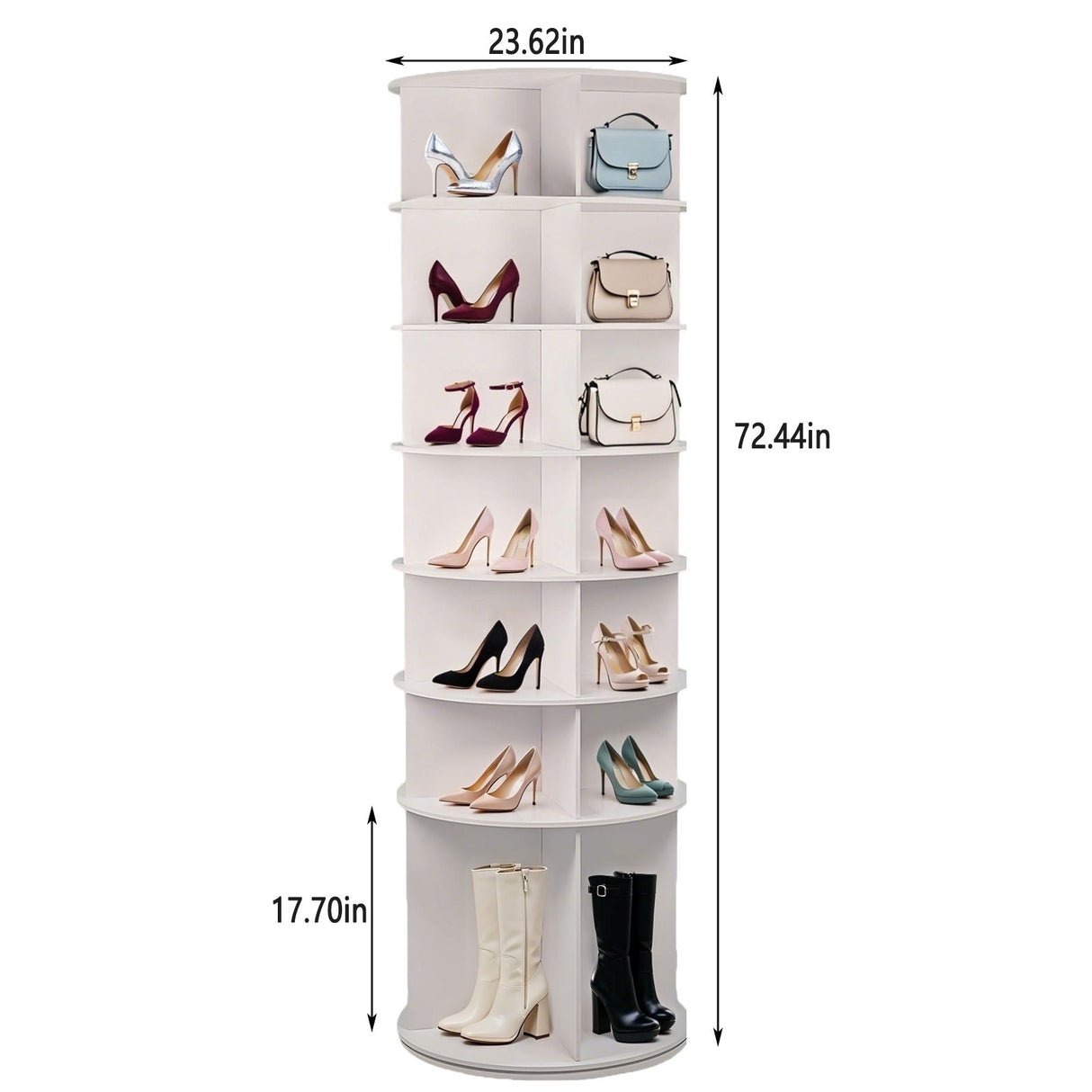 7 Tier Rotating Shoe Rack With High Base Design, Freestanding 360° Organizer For 28 Pairs - White