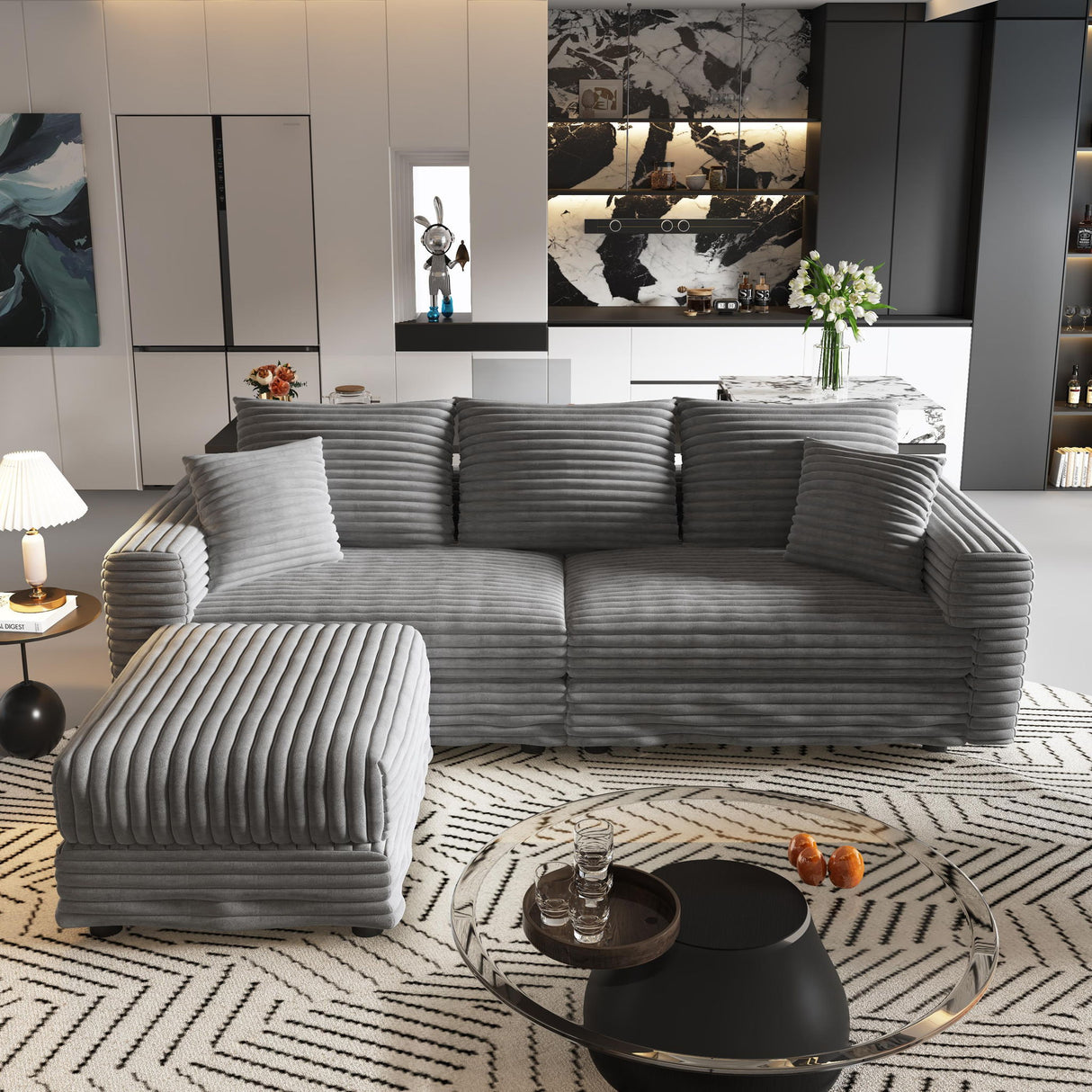 Deep Seat Convertible Sofa With Soft Pillows And Ottomans