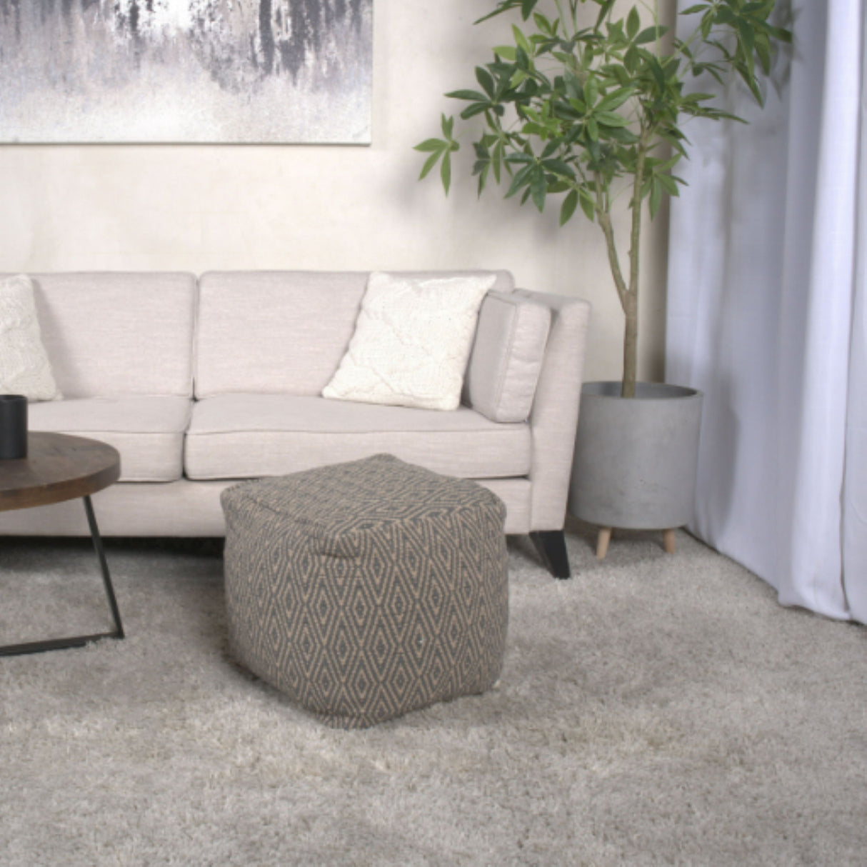 Amuleto - Hand Loomed Cotton Pouf - Dark Gray / Brown