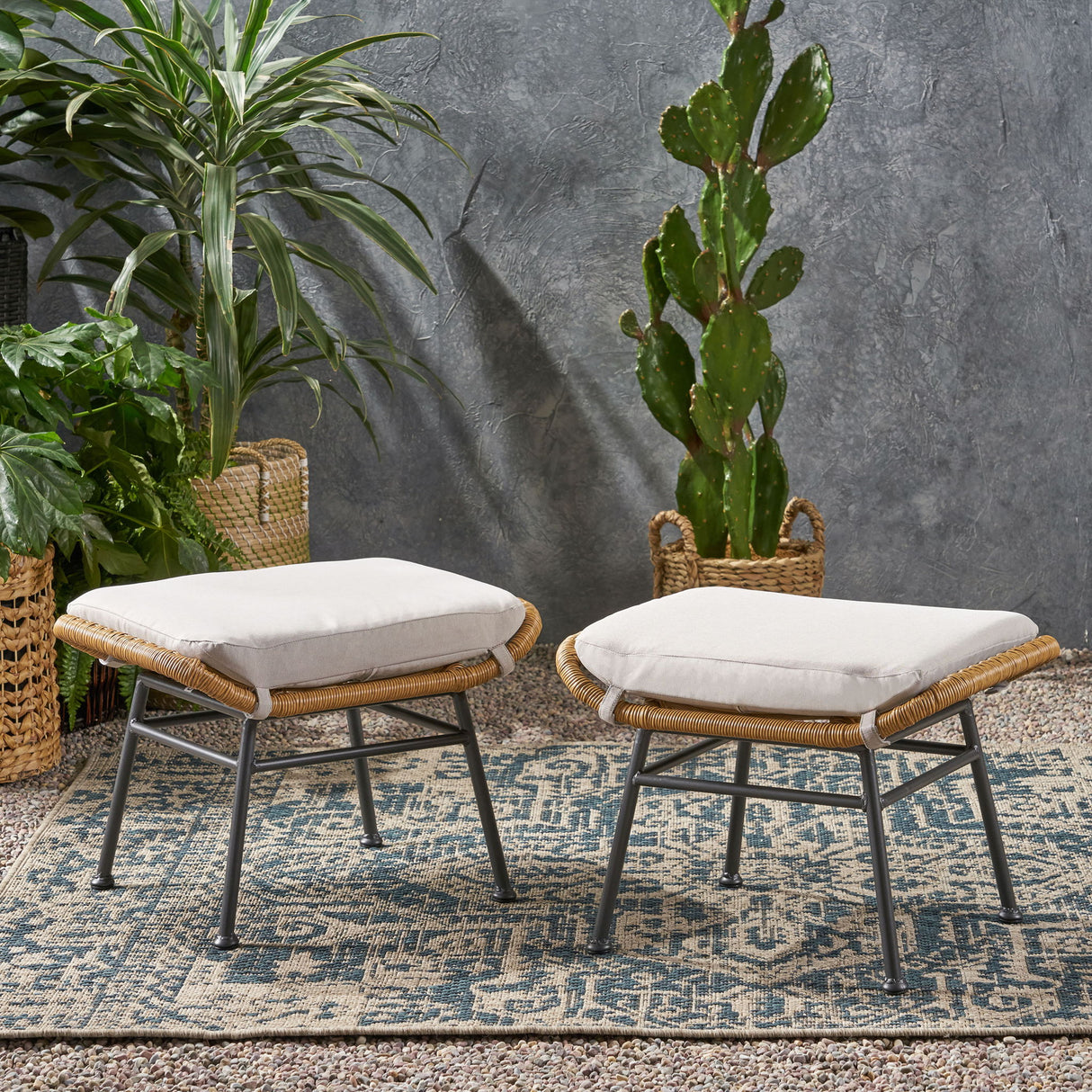 Outdoor Modern Boho Wicker Ottoman With Cushions (Set of 2)