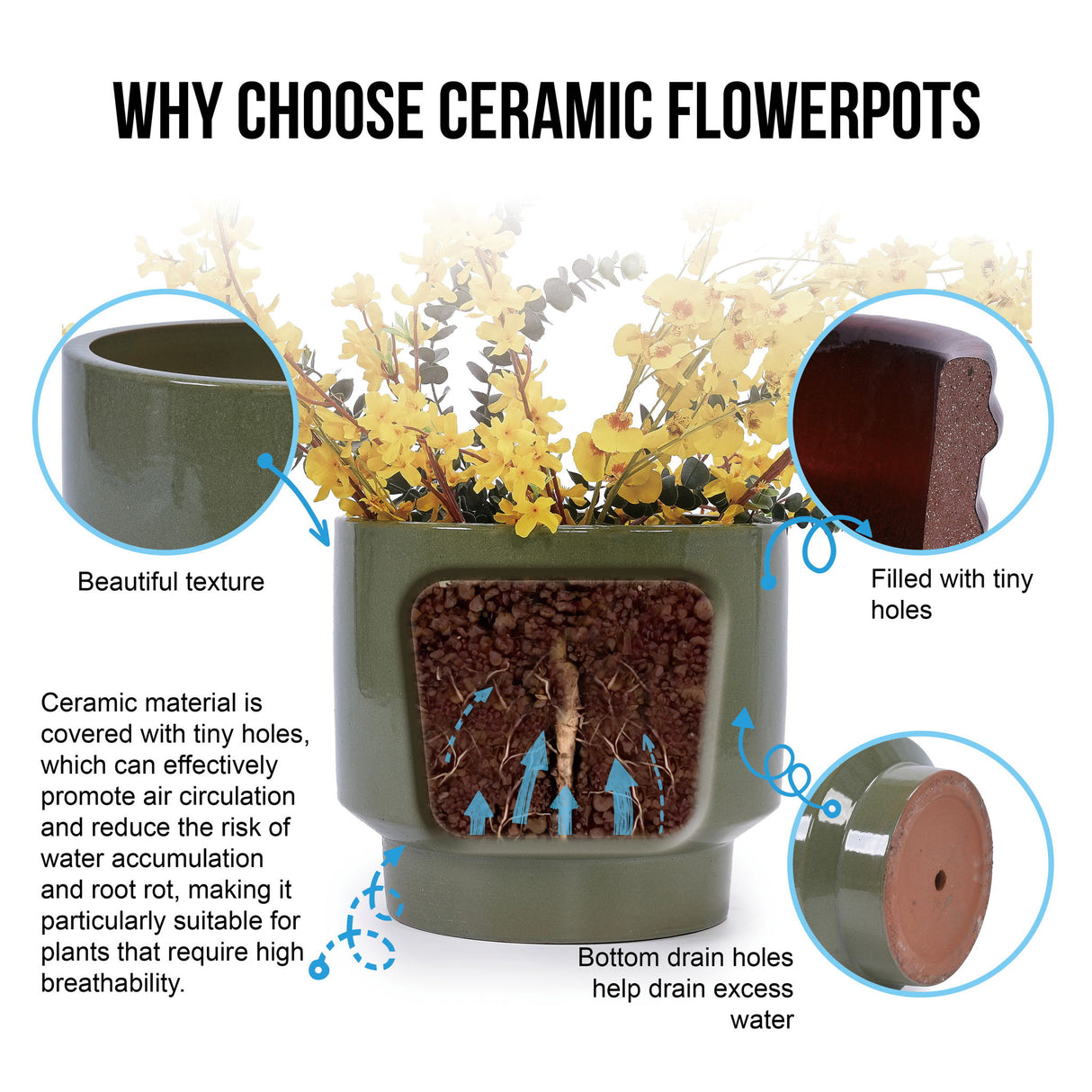 3 Pieces Ceramic Flowerpot, Planter For Patio, Garden Or Windowsills - Antique Light Green