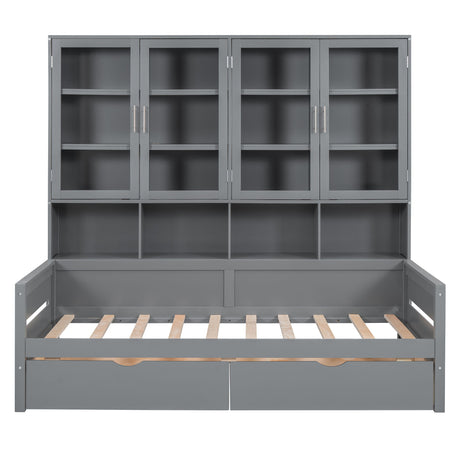 Daybed With Glass Door Storage Cabinets, Built In LED Lighting And Shelves