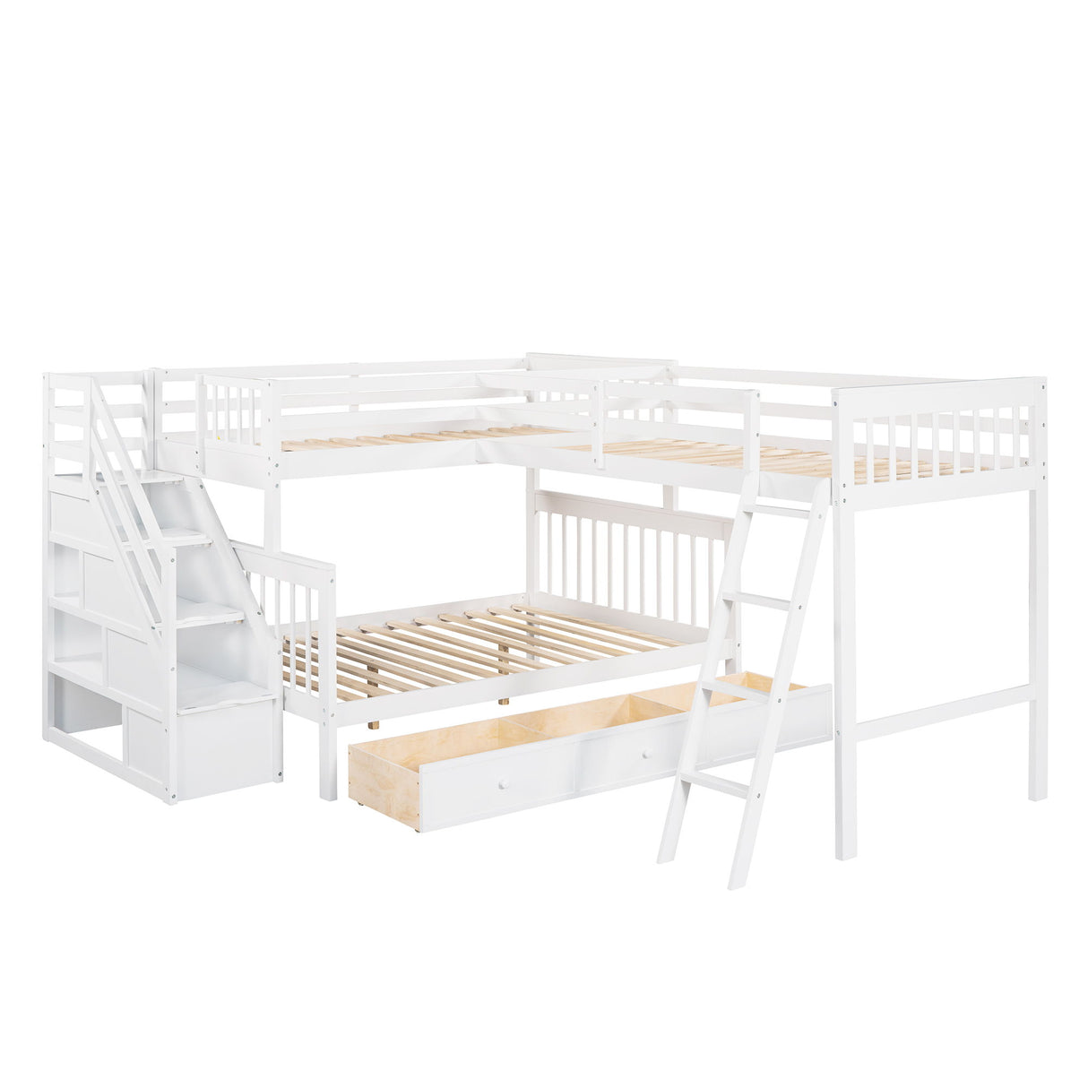 Solid L Shaped Bunk Bed With 3 Drawers, Ladder And Staircase