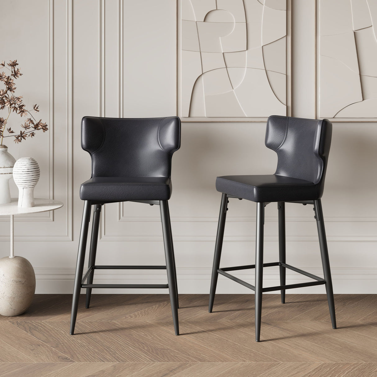 Modern Bar Stools With Upholstery And Metal Footrest (Set of 2)
