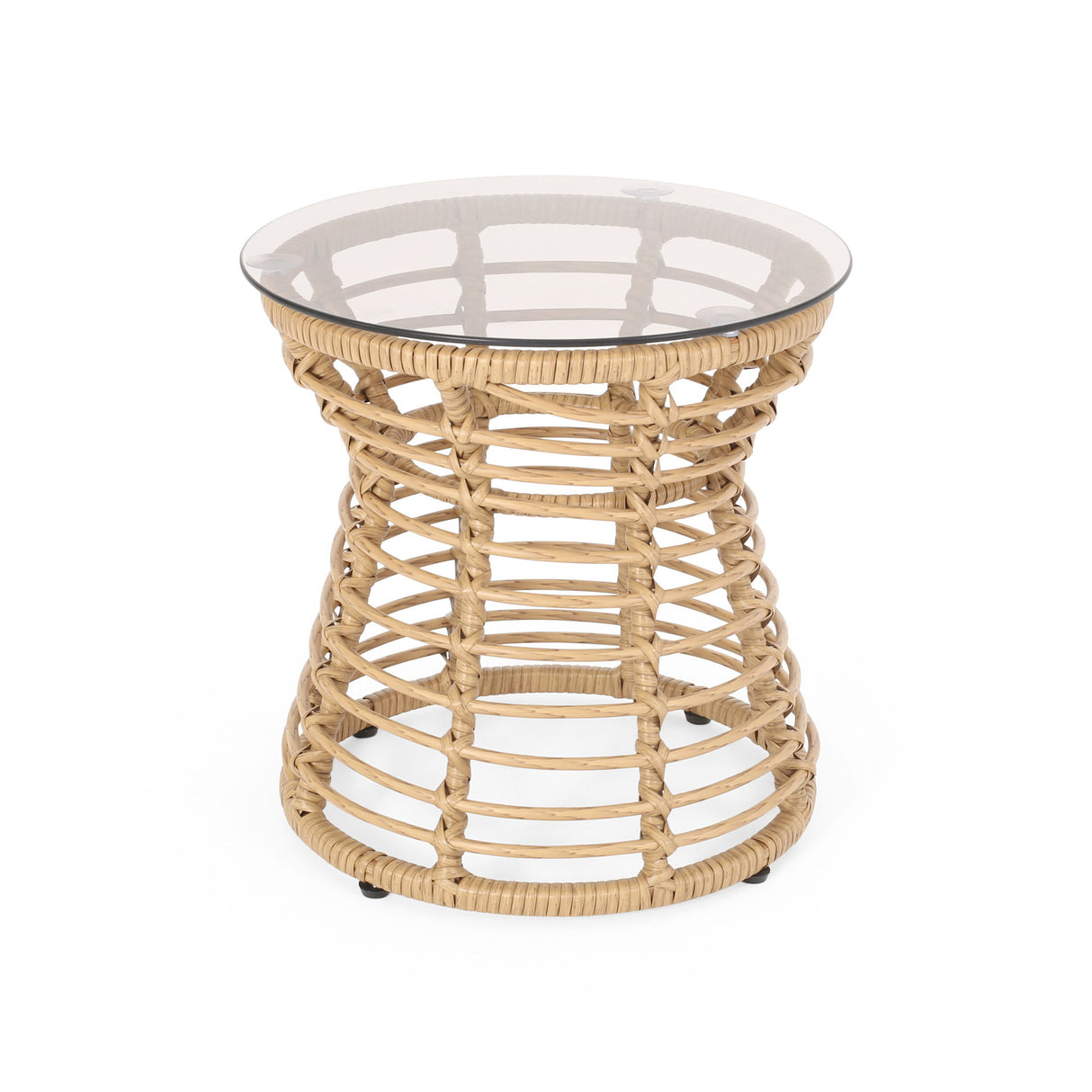 San Pedro - Boho Style Side Table With Tempered Glass Top - Light Brown Rattan